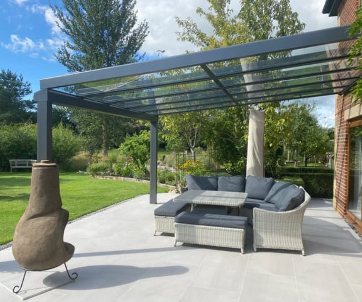 A glass veranda as installed by The Great British Awning & Blind Company