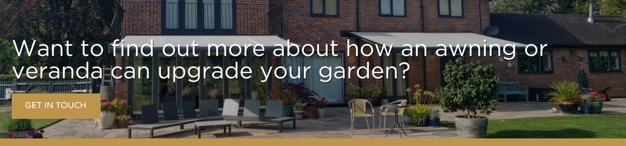 awning or glass veranda cta: Rear garden view showing an awning and outdoor seating with call-to-action text overlay