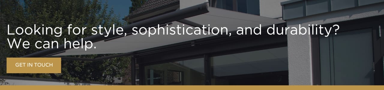 european style CTA: Contemporary European-style home with a sleek awning and on-image call-to-action text