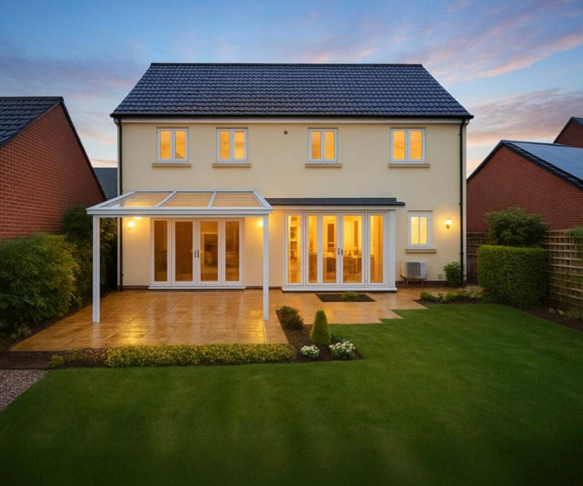 luxury awnings for uk homes: Elegant UK family home with a glass veranda and patio area illuminated at dusk