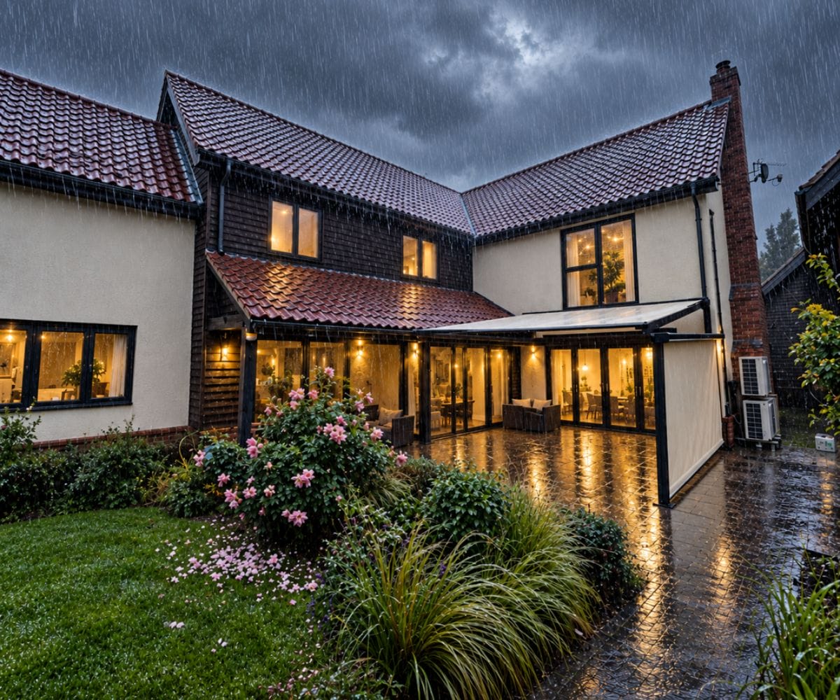A white rendered cottage with a red tiled roof and timber cladding, with a white retractable awning extended over a paved patio area edged by pink roses and ornamental grasses, under heavy rain and a stormy sky.